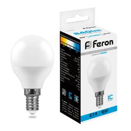 Лампа светодиодная E14 230V 9W 6400K (матовая G45), Feron LB-550
