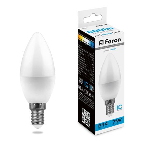 Лампа светодиодная E14 230V 7W 6400K (матовая C37), Feron LB-97 фото 1