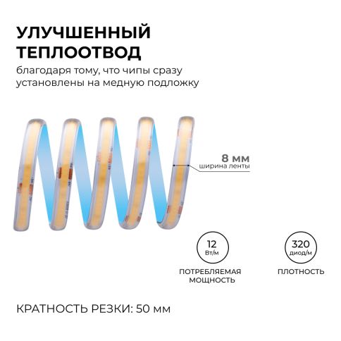 Светодиодная лента [COB IP65] 24v-12.0w-320led-10mm 3000K (5m/50mm, ПВХ оболочка), Apeyron Pro 00-390 фото 3